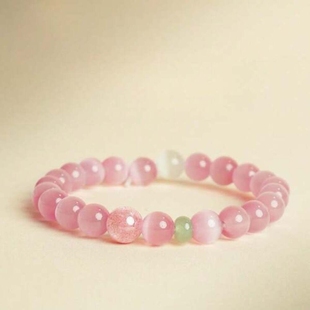 Pink Cats Eye Lucky Bracelet, Artificial Pink Crystal Love-Attracting Bracelet